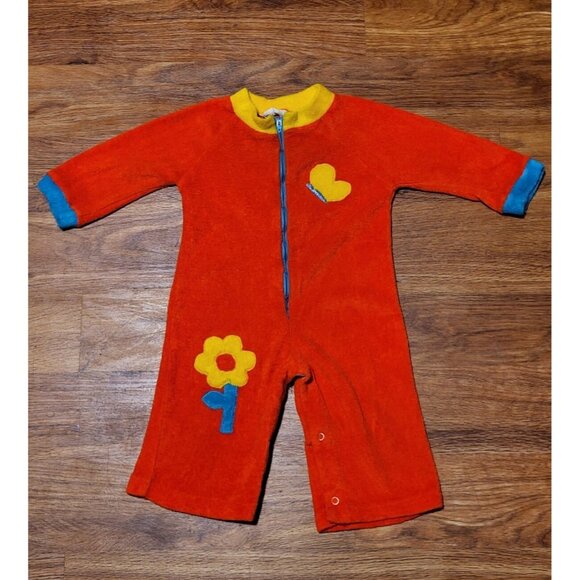 Vintage Groovy Orange Toddler Size 12 Months Bright Orange Terrycloth Romper - Picture 1 of 4